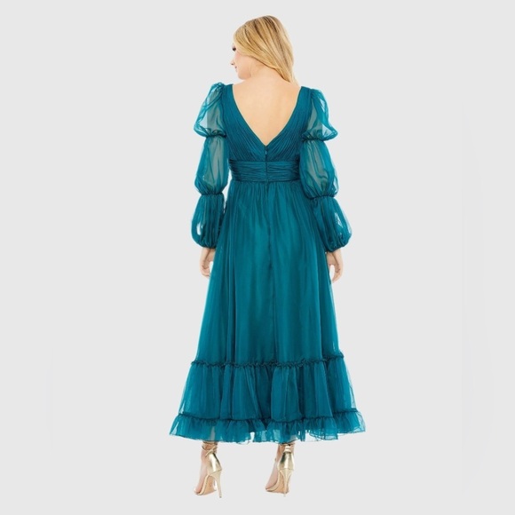 Mac Duggal 68254 NWT Teal Chiffon Ruched Tiered Puff Sleeve A Line Dress - Picture 3 of 6